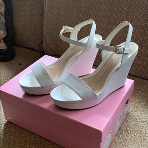 White 4 inch stacked wedge sandals